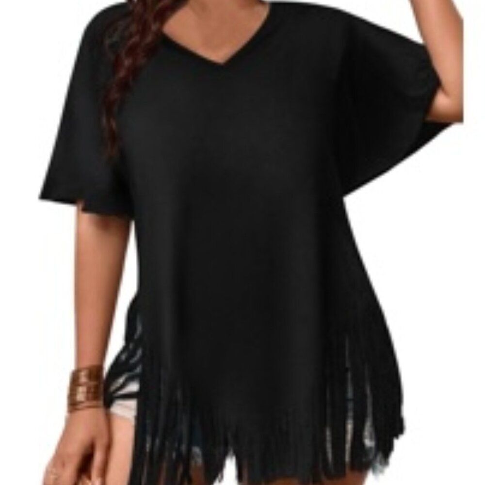 Fringe Top Oversized T Shirt Round Neck Short Sleeve, XL, 11F-1012T011
